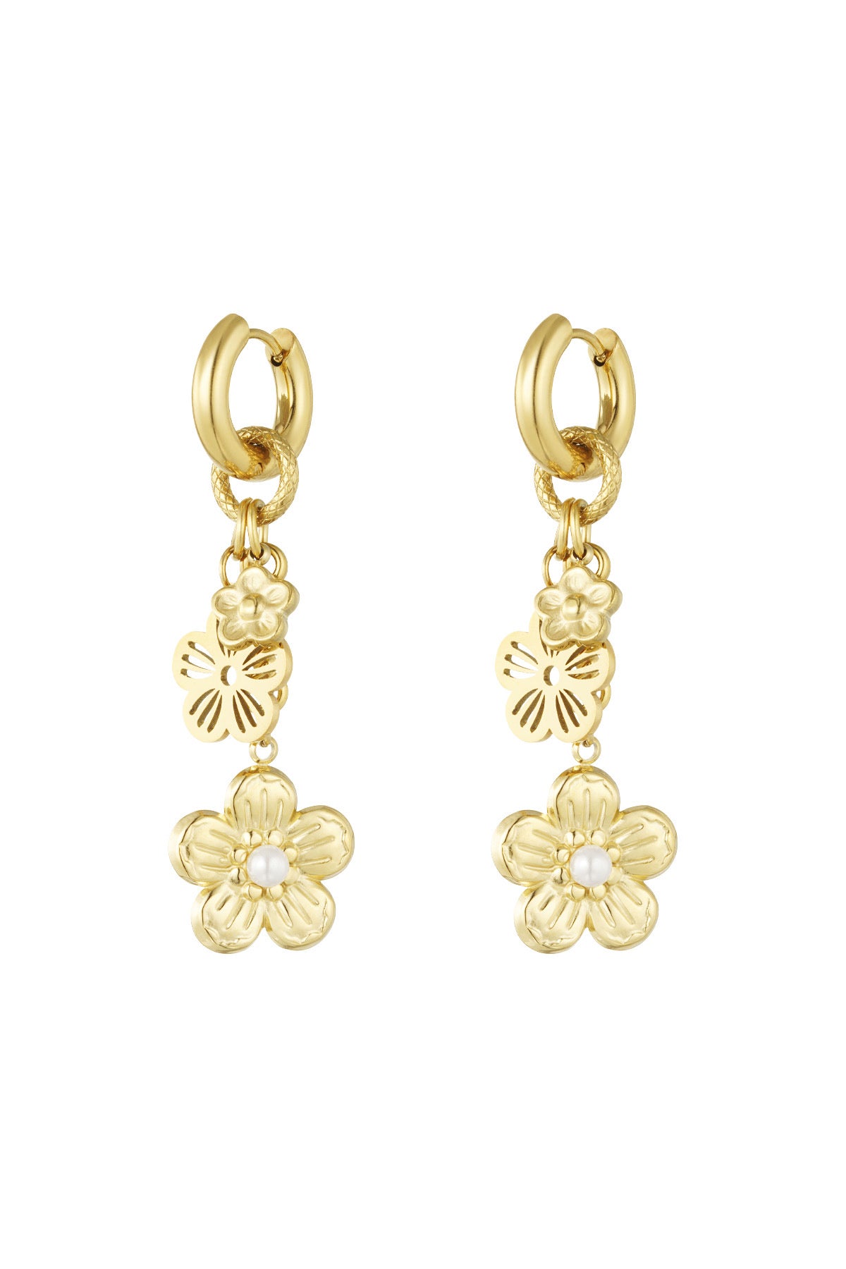 Statement lange bloemen oorbellen goud