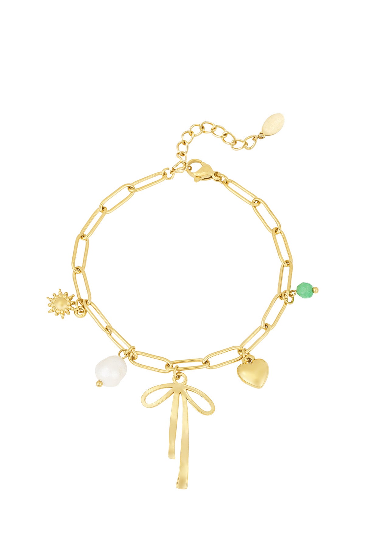 Bedelarmband met schakels en bedels van strik, hart en parel in het goud
