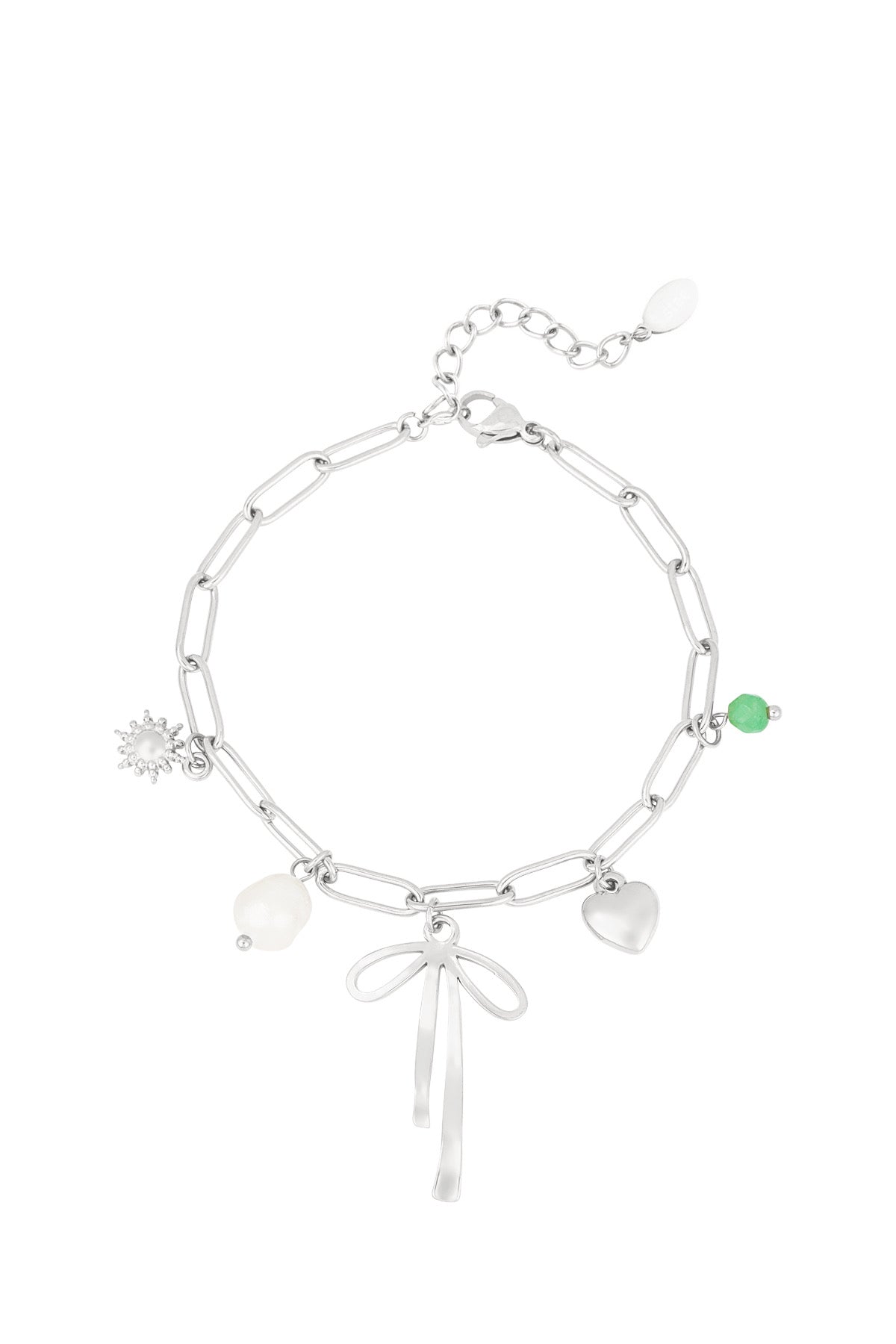 Bedelarmband schakels met bedels van strik, hart en parel in het zilver