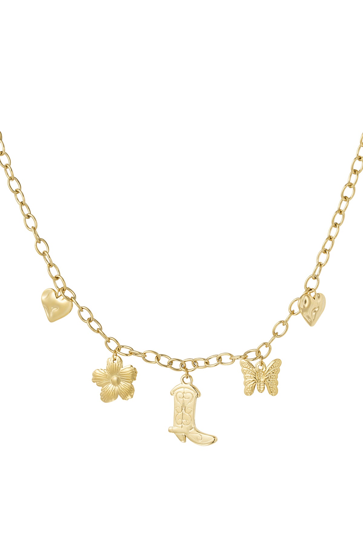 Bedelketting schakels verschillende bedels van cowboylaars, bloem, harten en vlinder goud