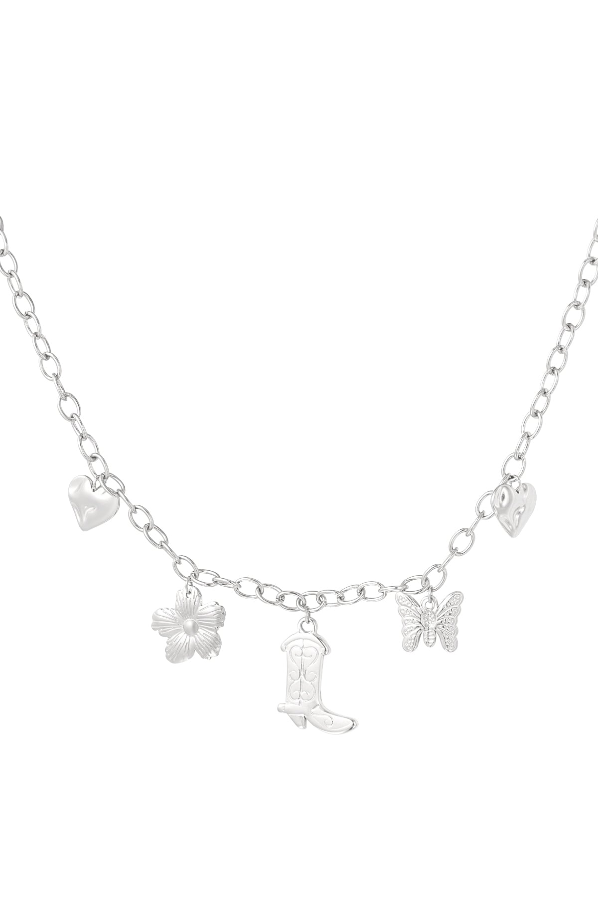 Bedelketting schakels verschillende bedels van cowboylaars, bloem, harten en vlinder zilver