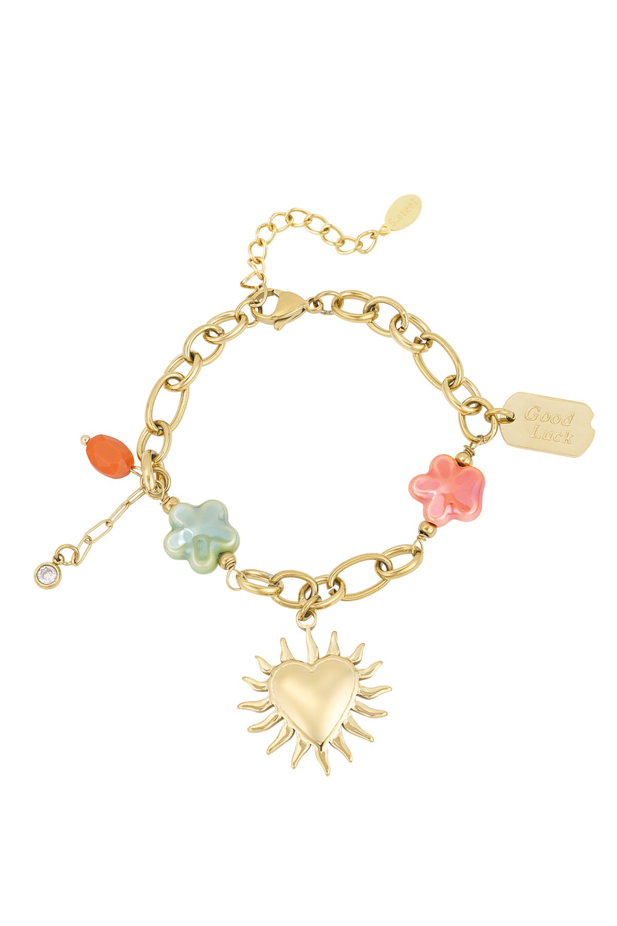 Schakelarmband met grove schakels en bedels van hartje, zon en bloem met kleurrijke details goud