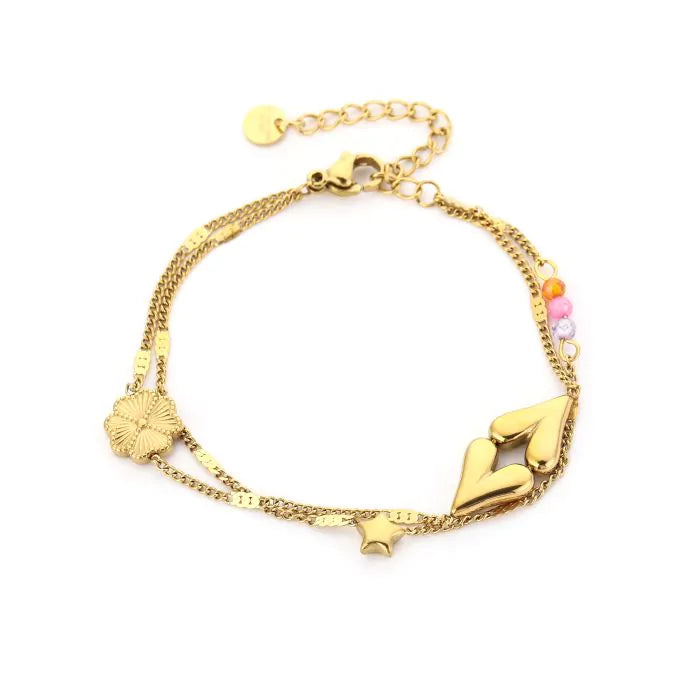Armband met hartjes bedel, bloem bedel, ster bedel en gekleurde kralen in het goud
