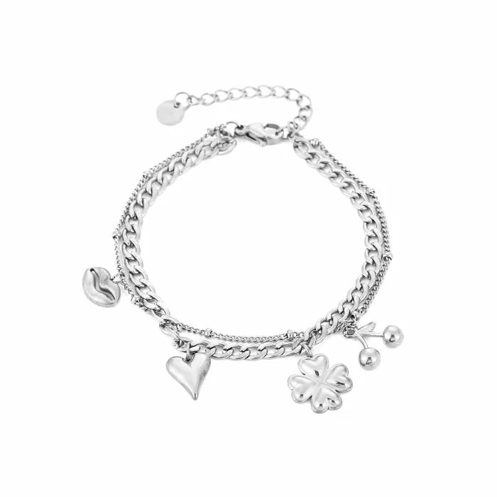 Bedelarmband kers, klaver, hart en lipjes zilverkleurig