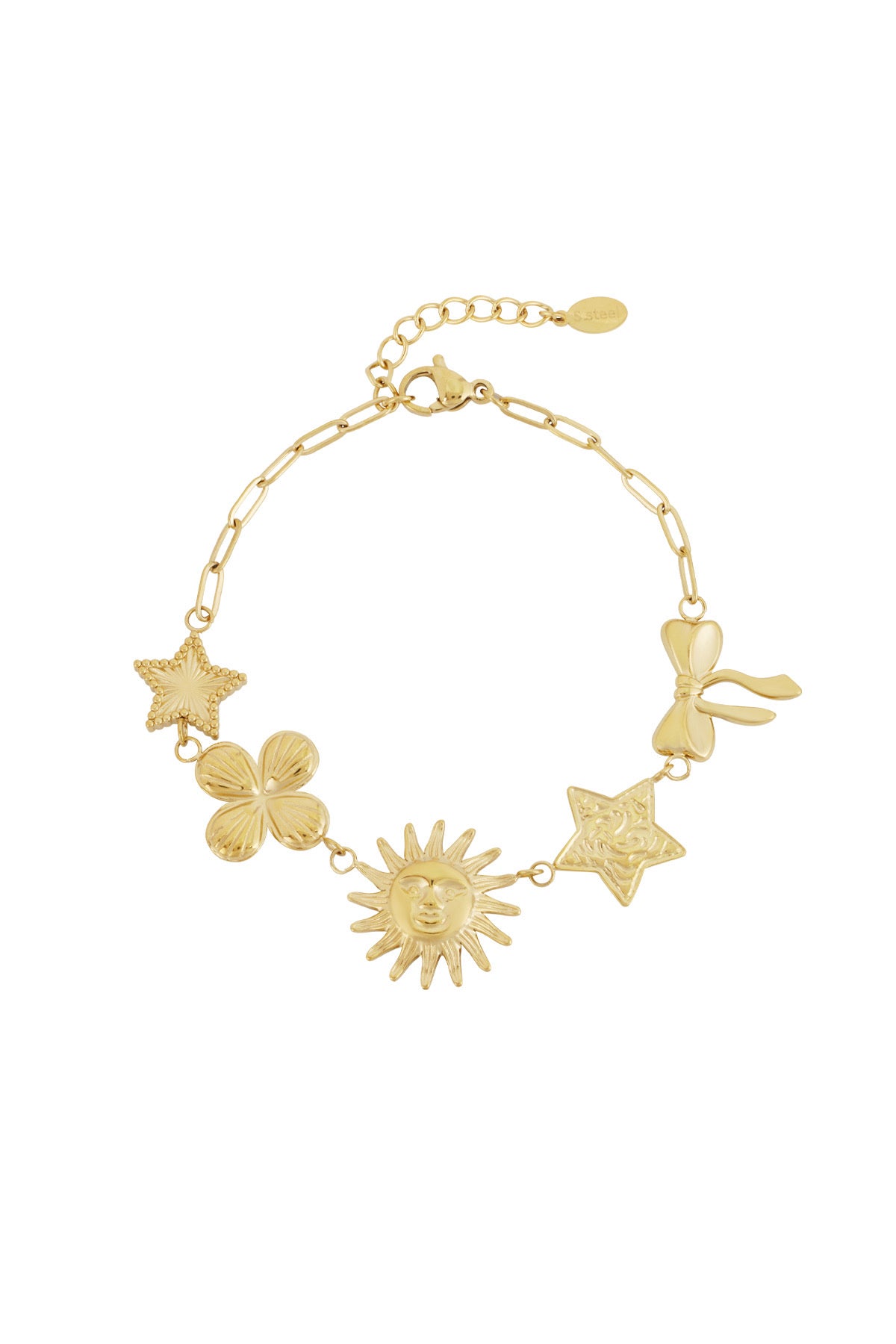 Statement schakelarmband met figuurtjes van een ster, een bloem, een zon, en een strik goud
