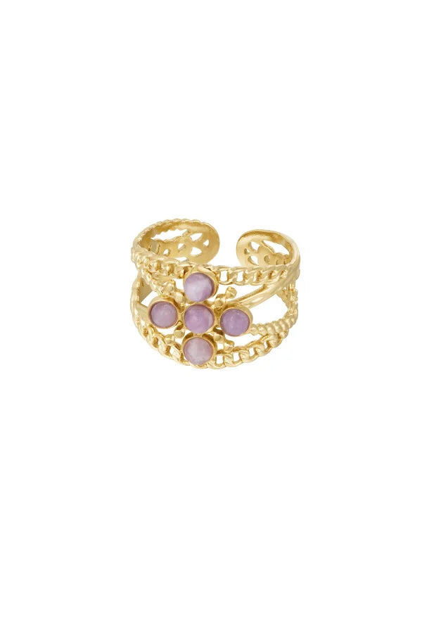 Statement bloemen ring in het goud met paarse details