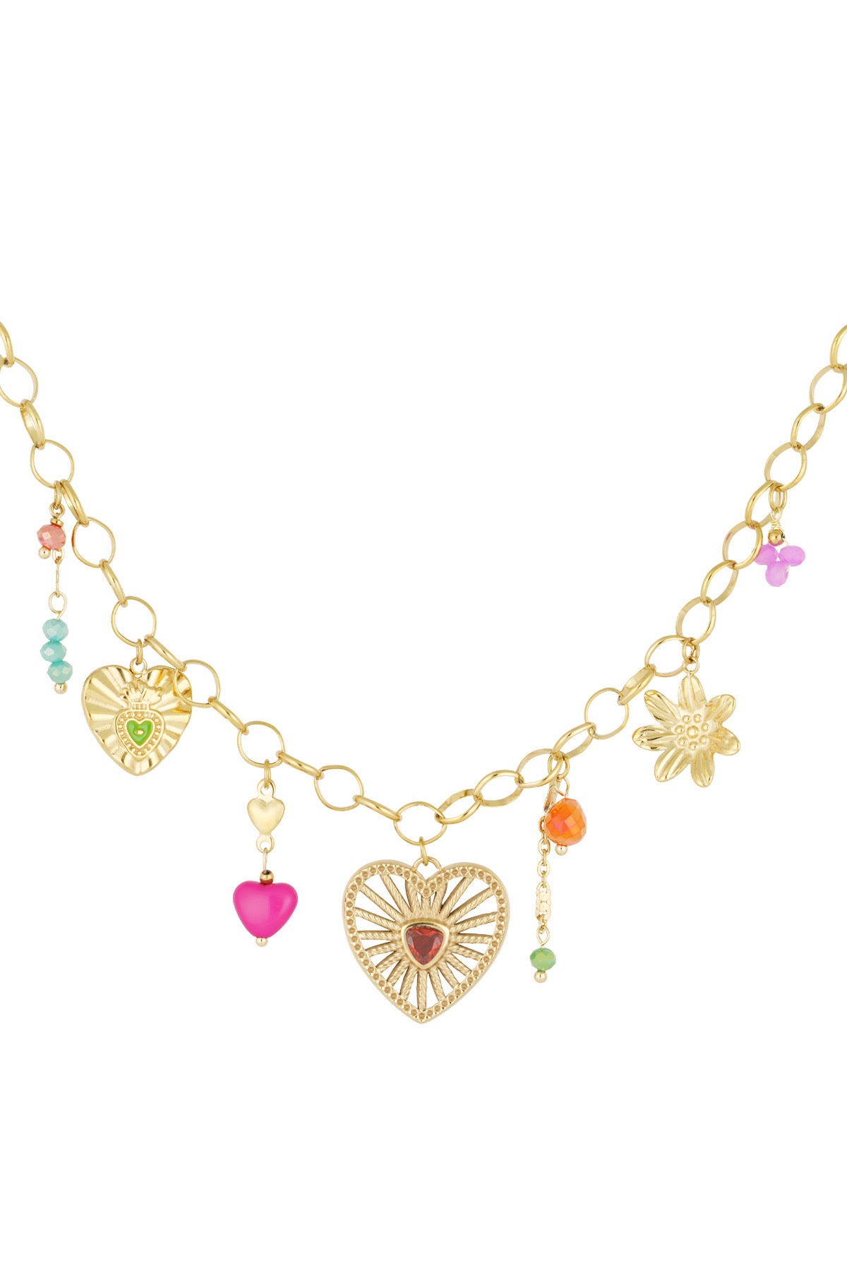 Statement opvallende bedelketting met hartjes bedels en kleurrijke details goud