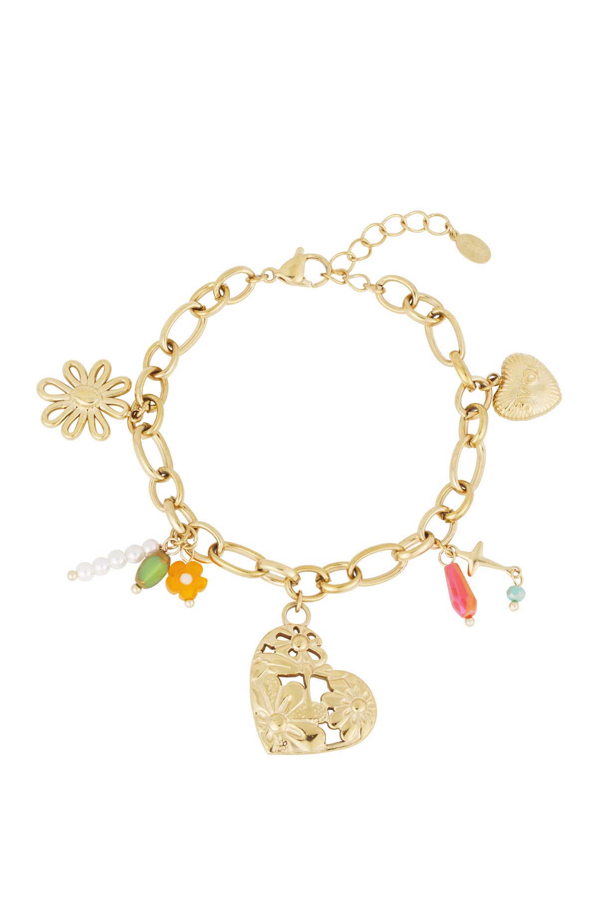 Bedelarmband met hartjes, bloem en kralen goud