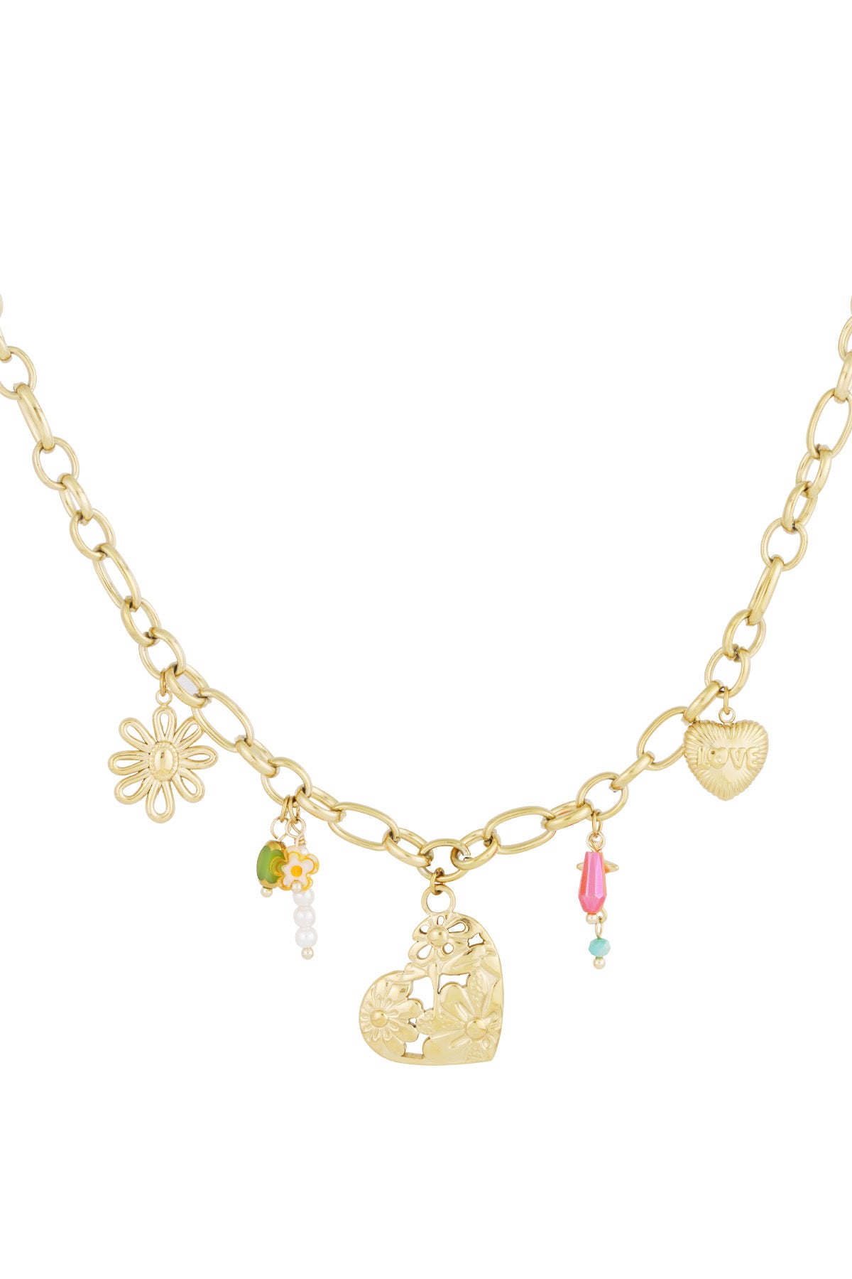 Hartjes bedelketting met bloem en kleur in het goud