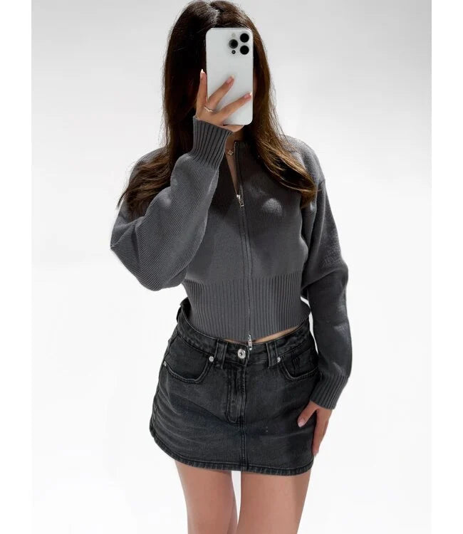 Cardigan met lange mouw en ritssluiting in donkergrijze kleur