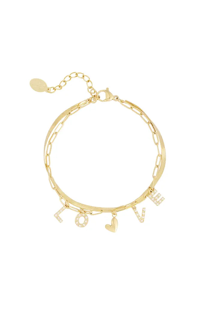 Subtiele armband met tekst "love" en glitters goudkleurig