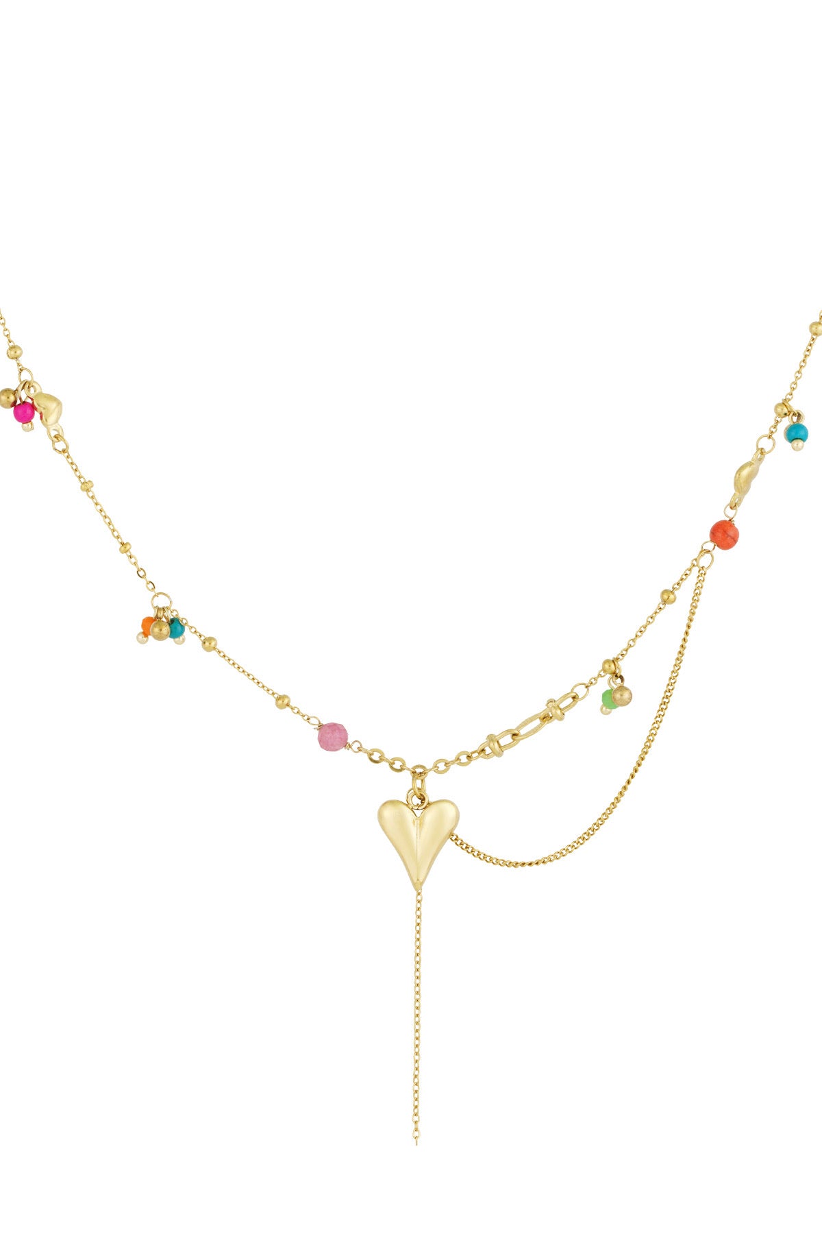 Ketting met hartjes hanger en gekleurde details in het goud