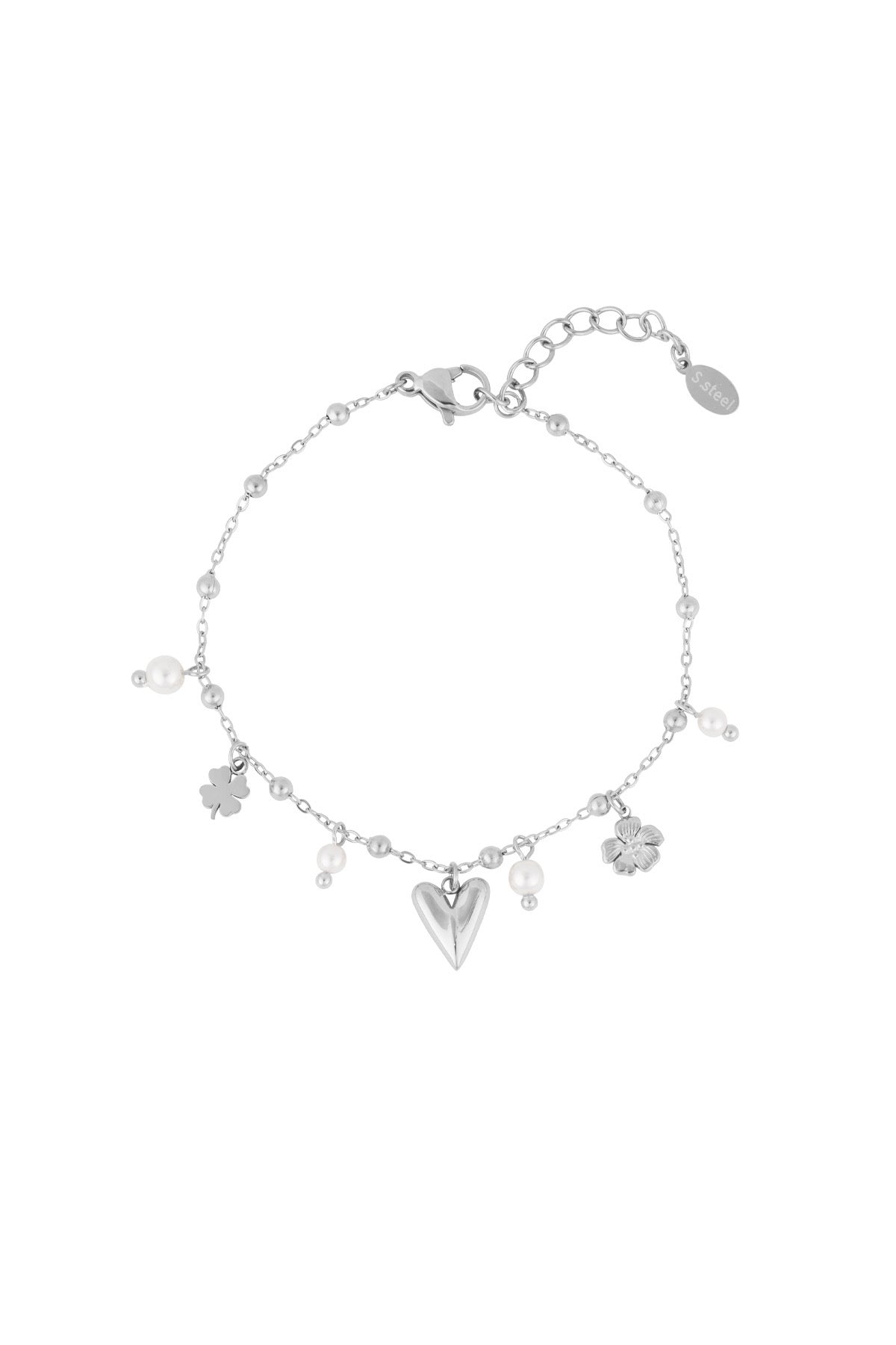 Minimalistische armband met bolletjes, parels, klavers en hartje zilver
