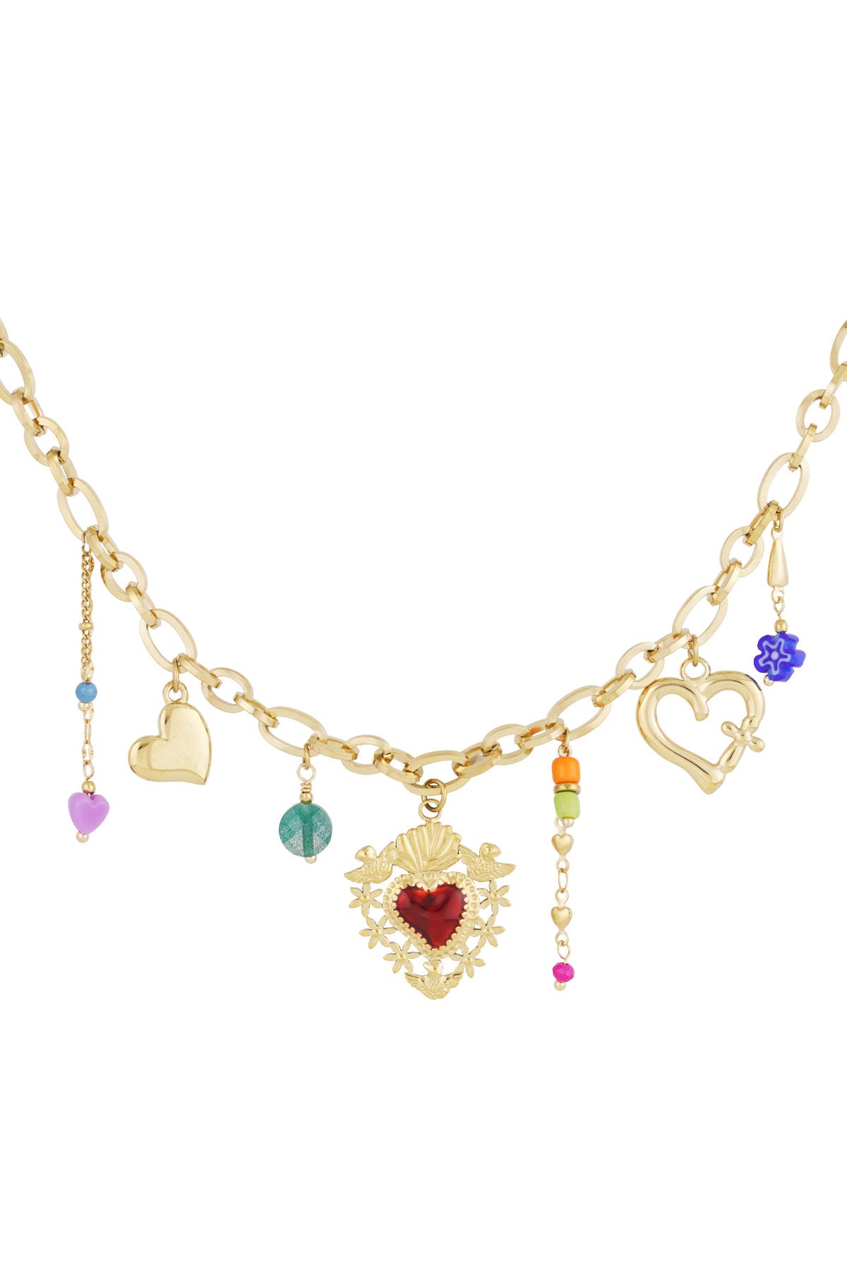 Statement bedelketting met grove schakel en kleurrijke bedels van harten goud