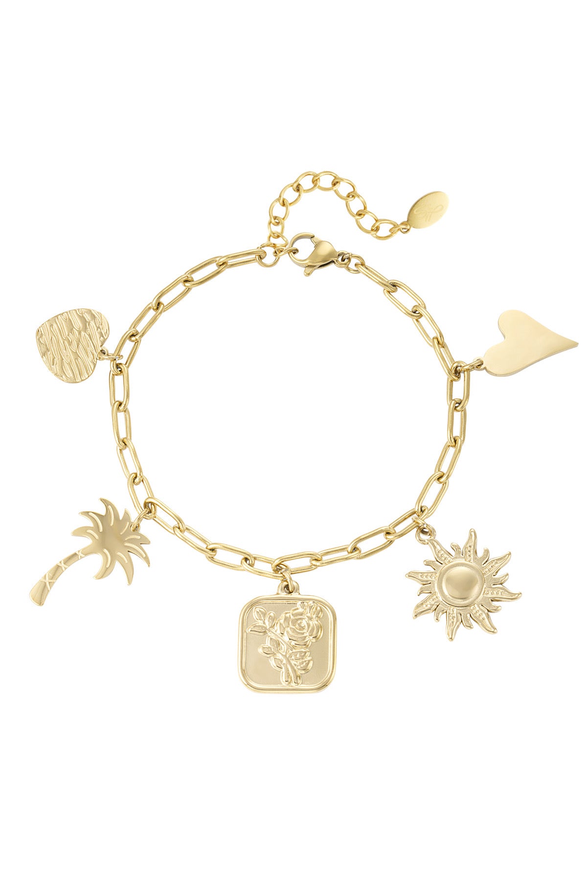 Goudkleurige bedelarmband met bedels van palmboom, zon en hart
