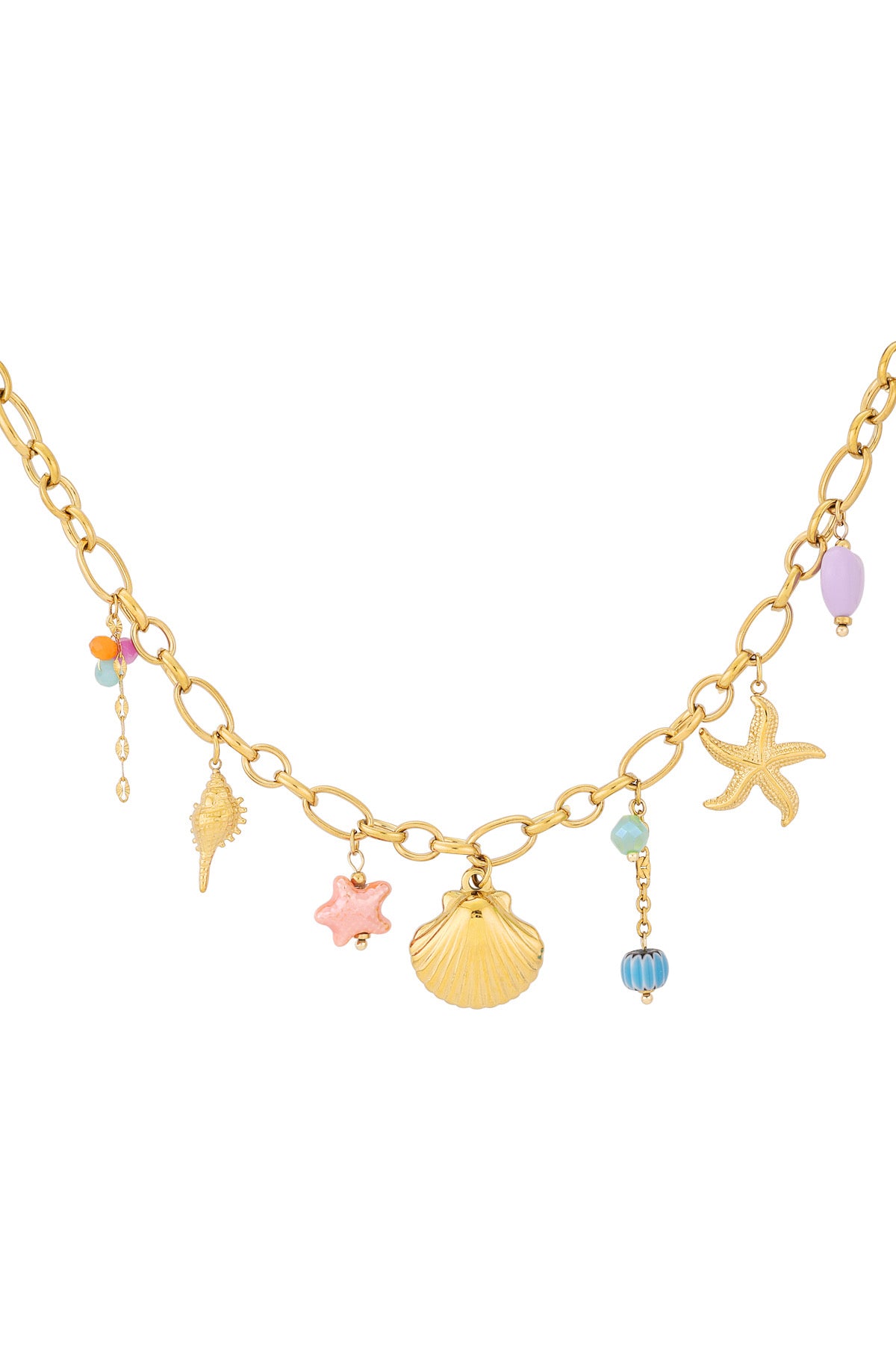 Kleurrijke bedelketting met schelpjes en kralen goud