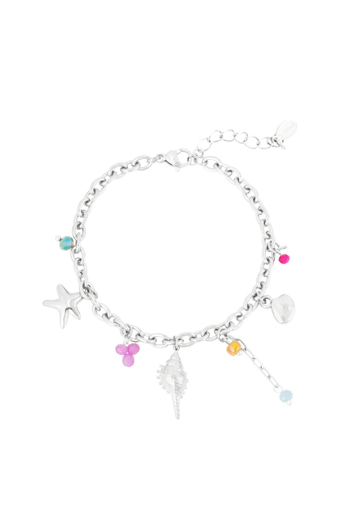 Bedelarmband schelpen en kleurtjes zilver