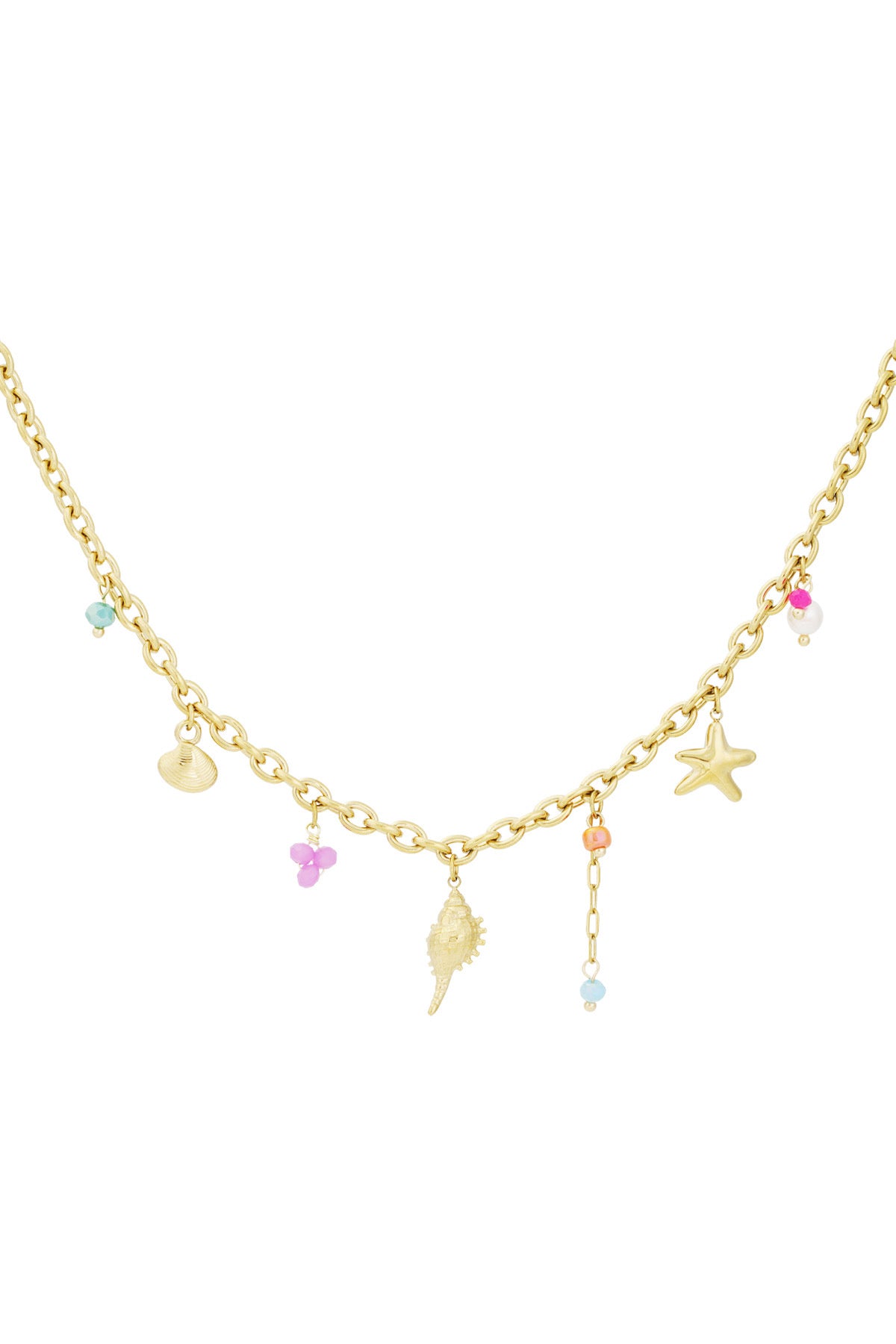 Ketting goud met schelpen en gekleurde kralen