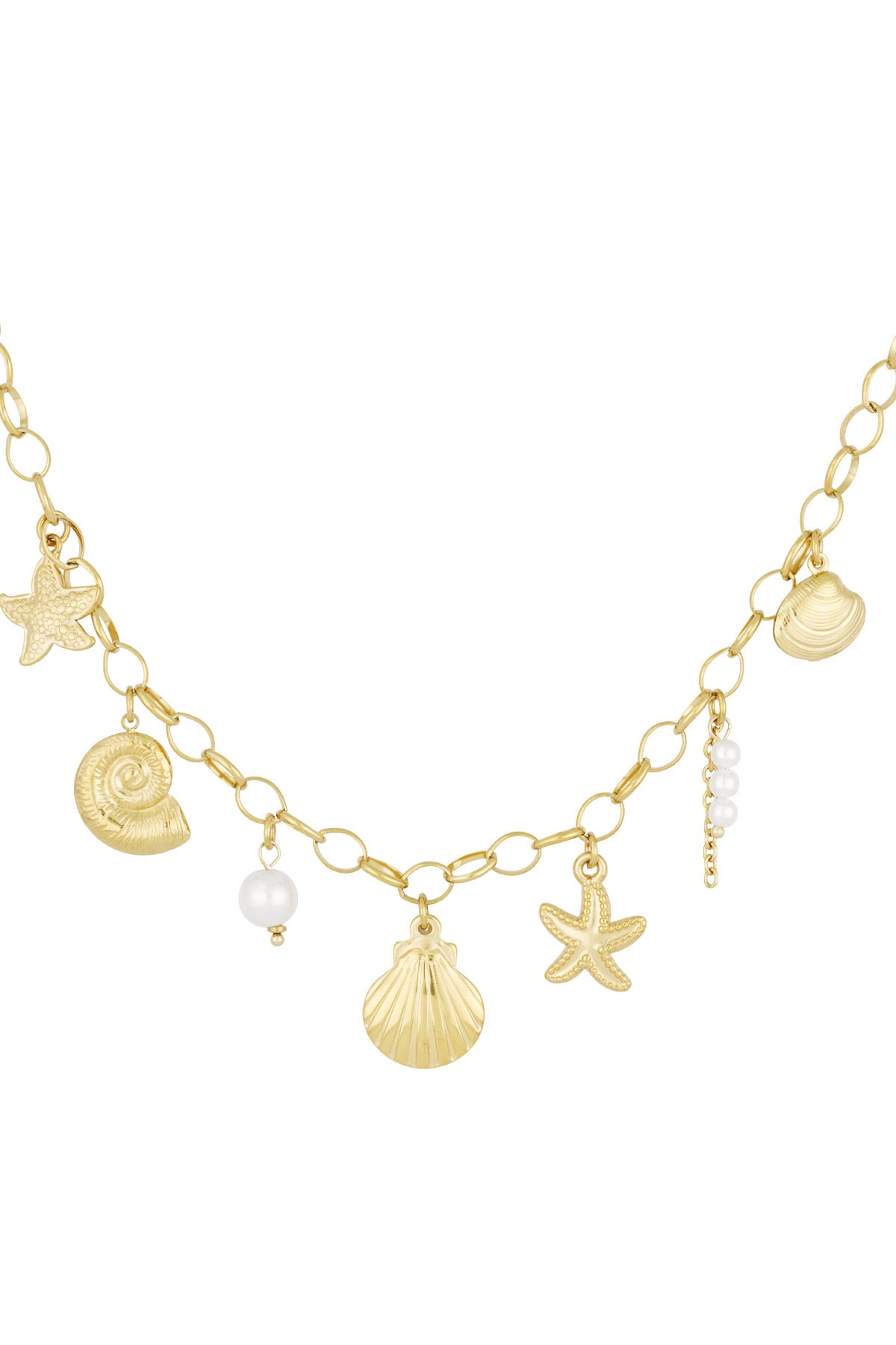 Schakelketting met bedels van schelpen en parels goud