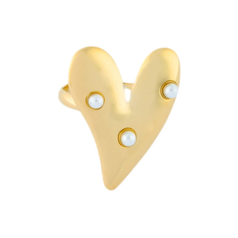 Grote statement hart ring met parels in het goud