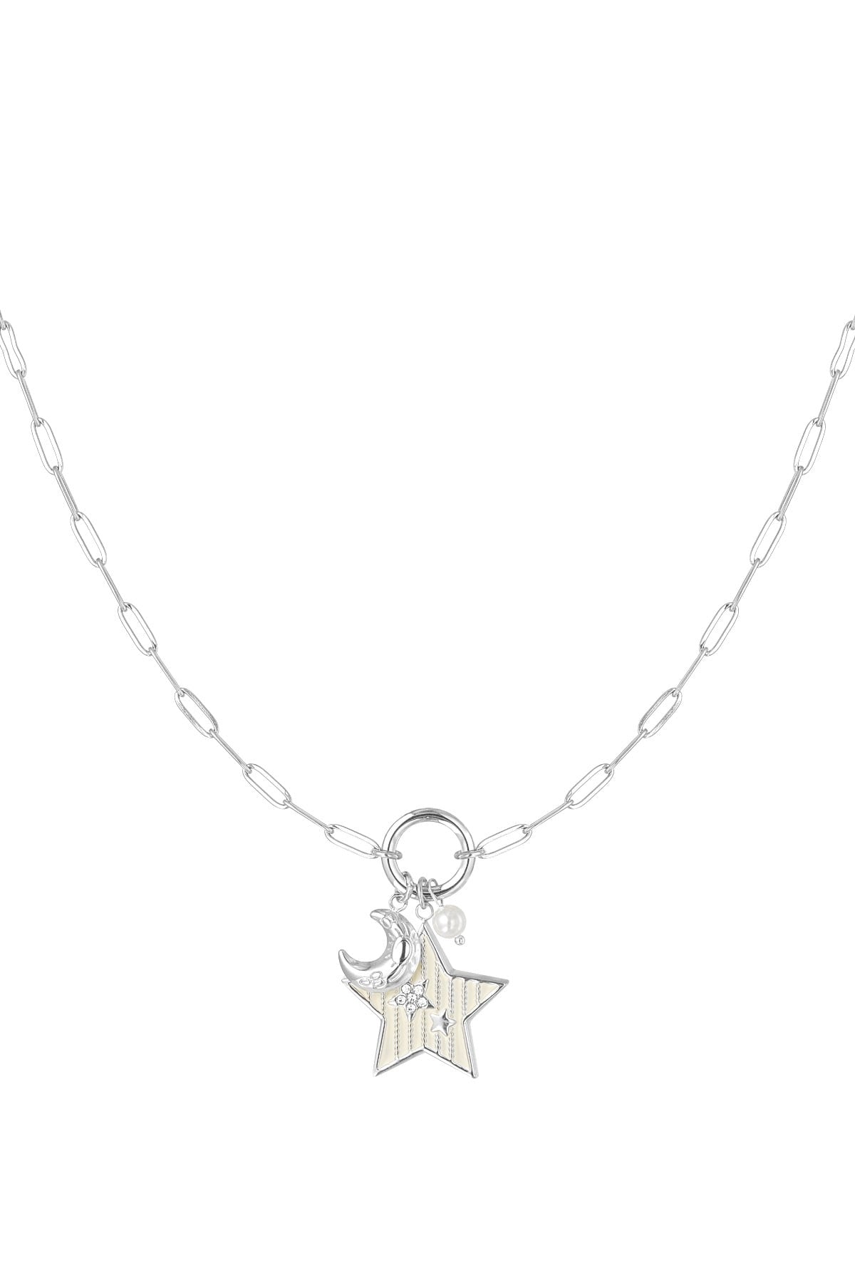 Zilverkleurige ketting met hanger van ster, maan en parel waterproof
