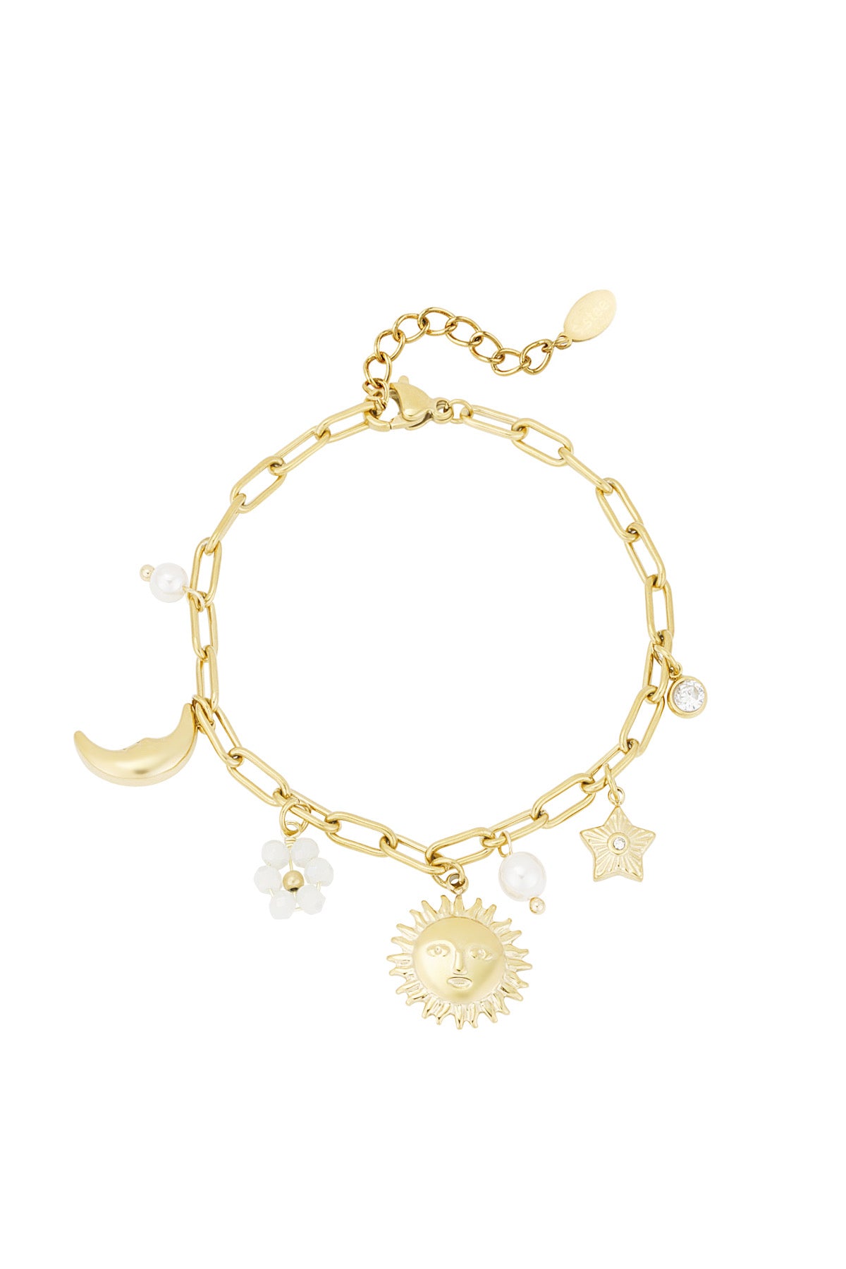 Schakelarmband met bedels van maan, bloem, parel en ster goud