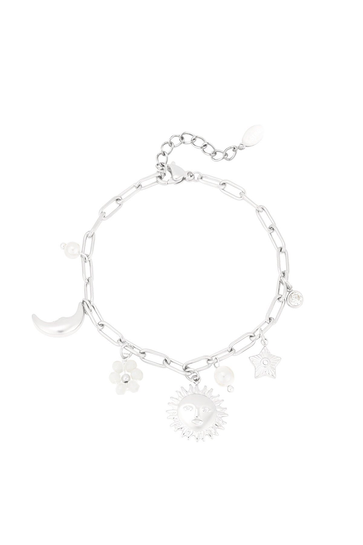 Schakelarmband met bedels van maan, bloem, parel en ster zilver