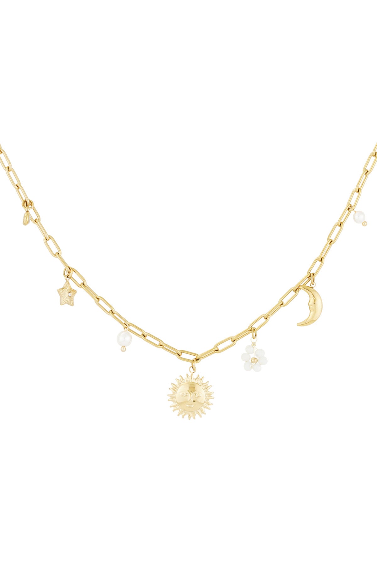 Schakelketting met minimalistische bedels van zon, ster, parel en maan goud