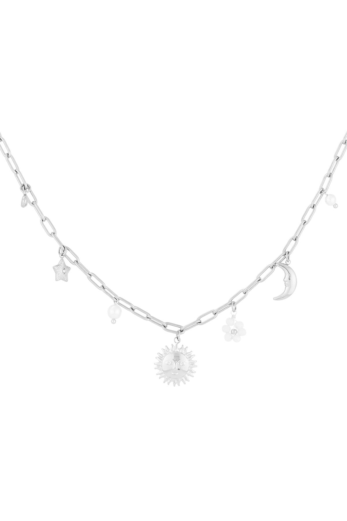 Schakelketting met minimalistische bedels van zon, ster, parel en maan zilver