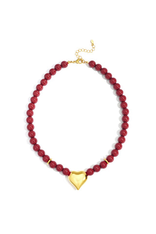 Chunky Heart Beaded Necklace - Bordeaux