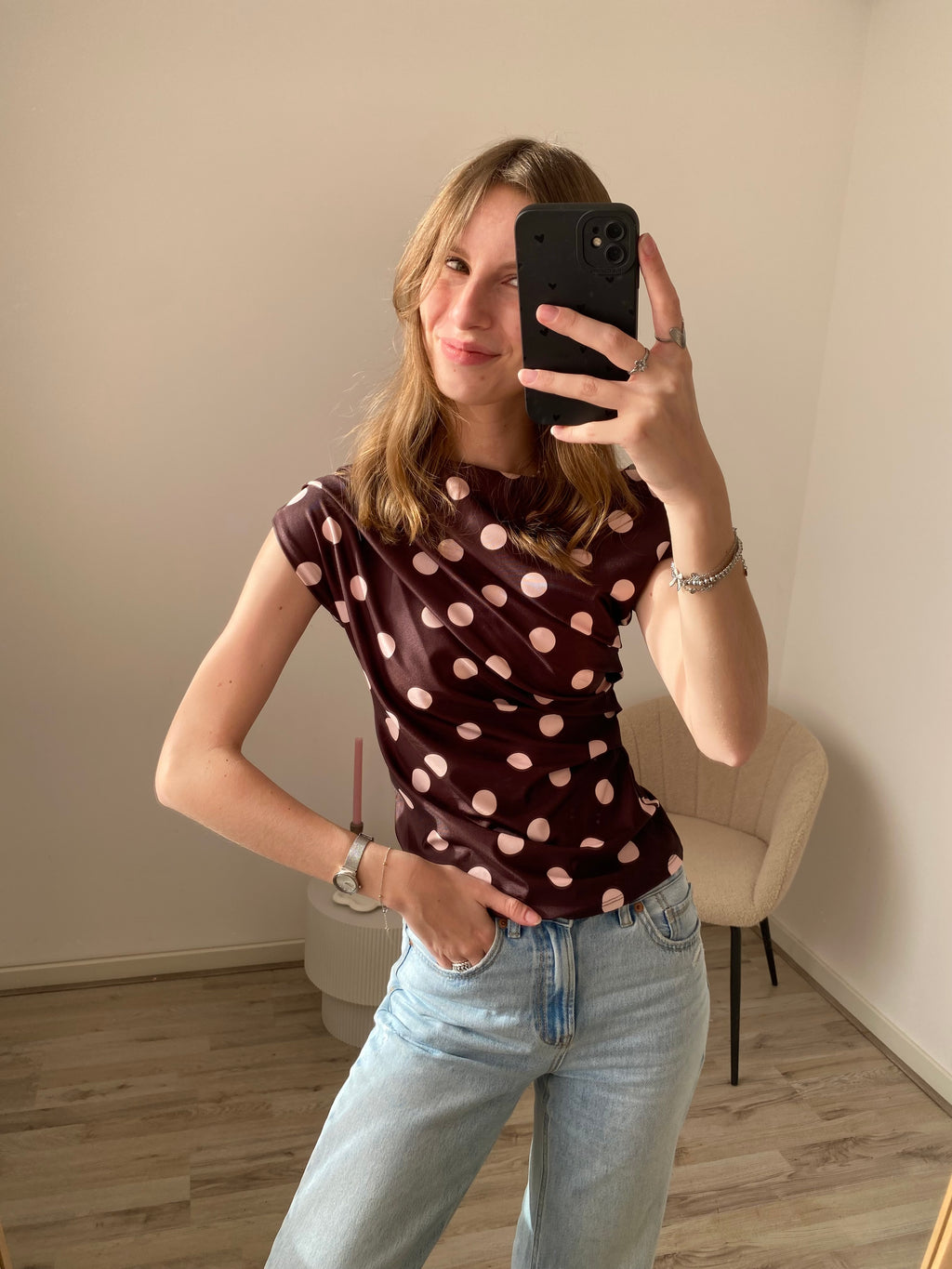 Isa Polka Dot Top - Brown/Pink