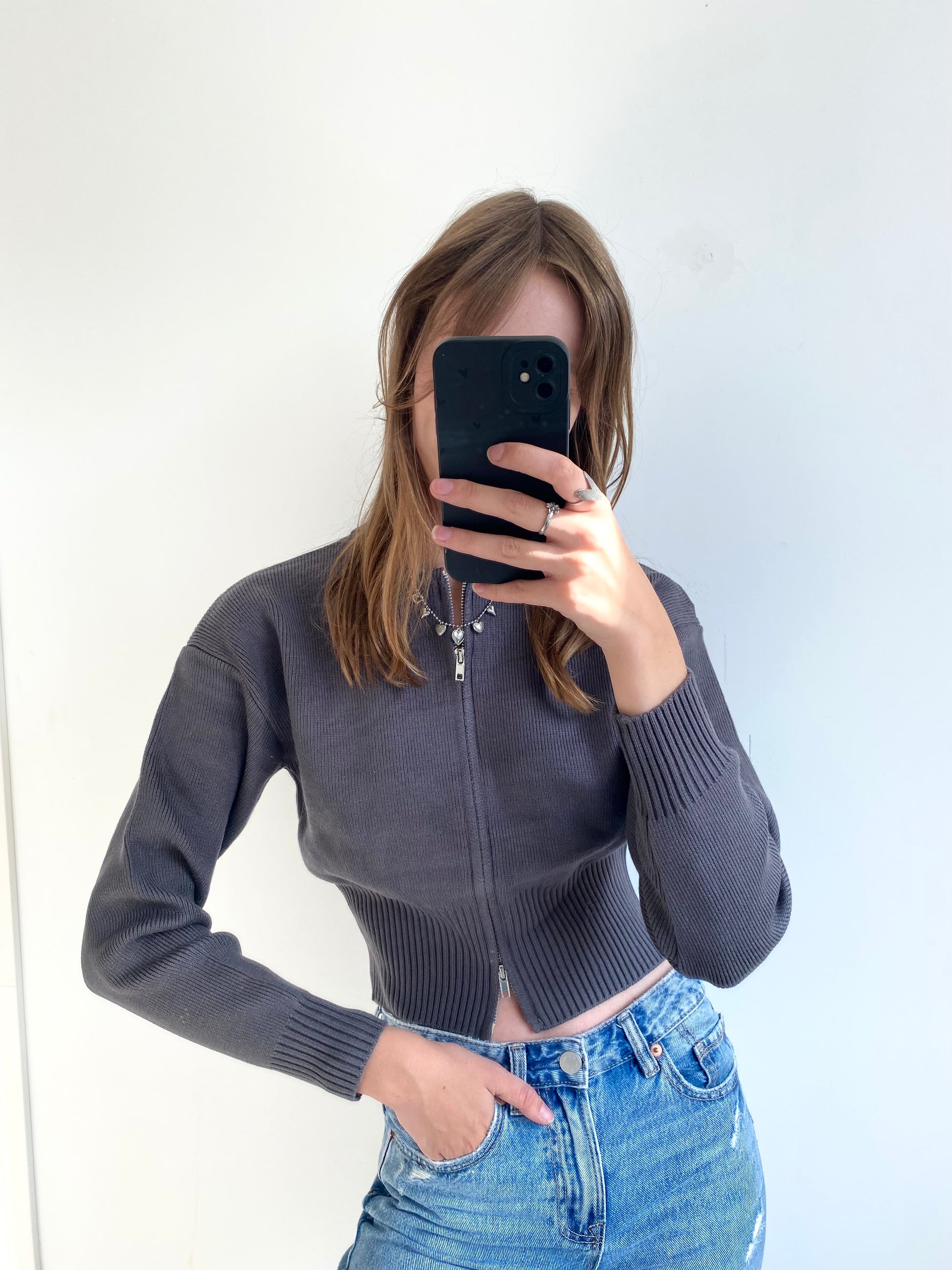 LISA ZIPPER CARDIGAN DARK GREY