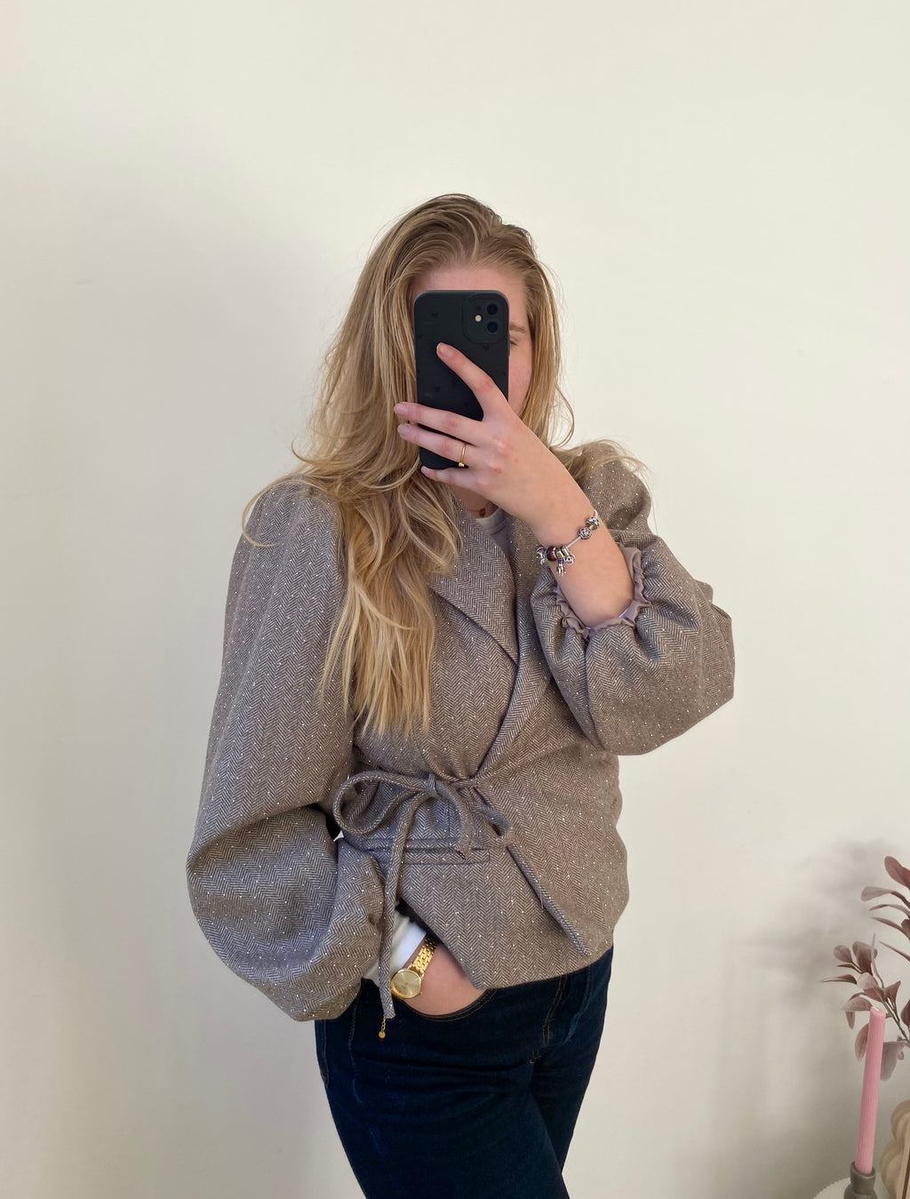 Isabel Wrapped Glitter Blazer Longsleeve - Taupe