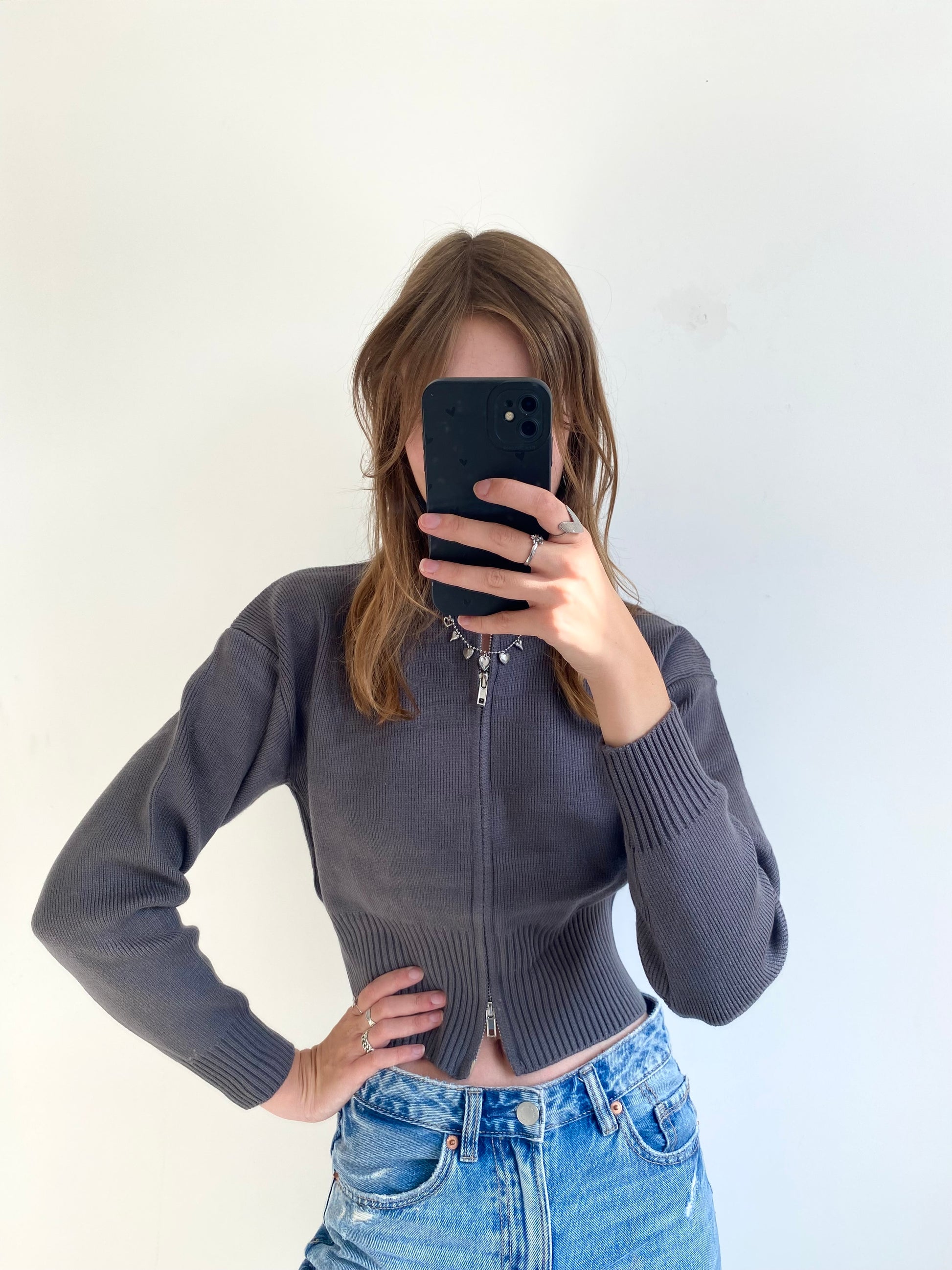 LISA ZIPPER CARDIGAN DARK GREY
