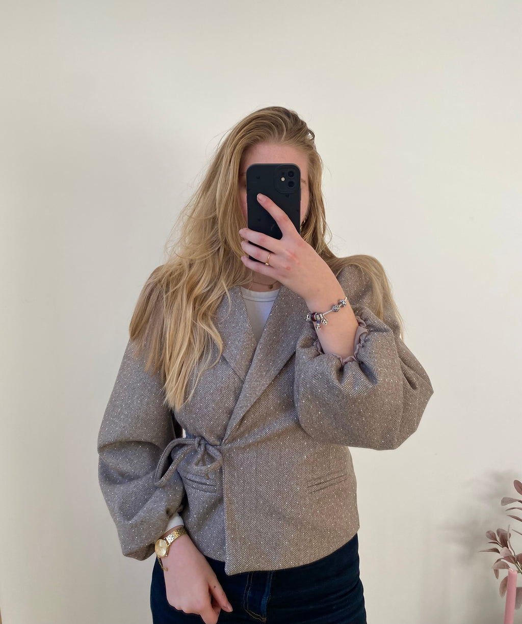 Isabel Wrapped Glitter Blazer Longsleeve - Taupe
