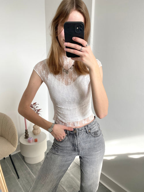 Kanten mesh top korte mouw wit