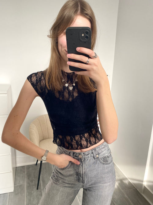 Kanten mesh top zwart korte mouw