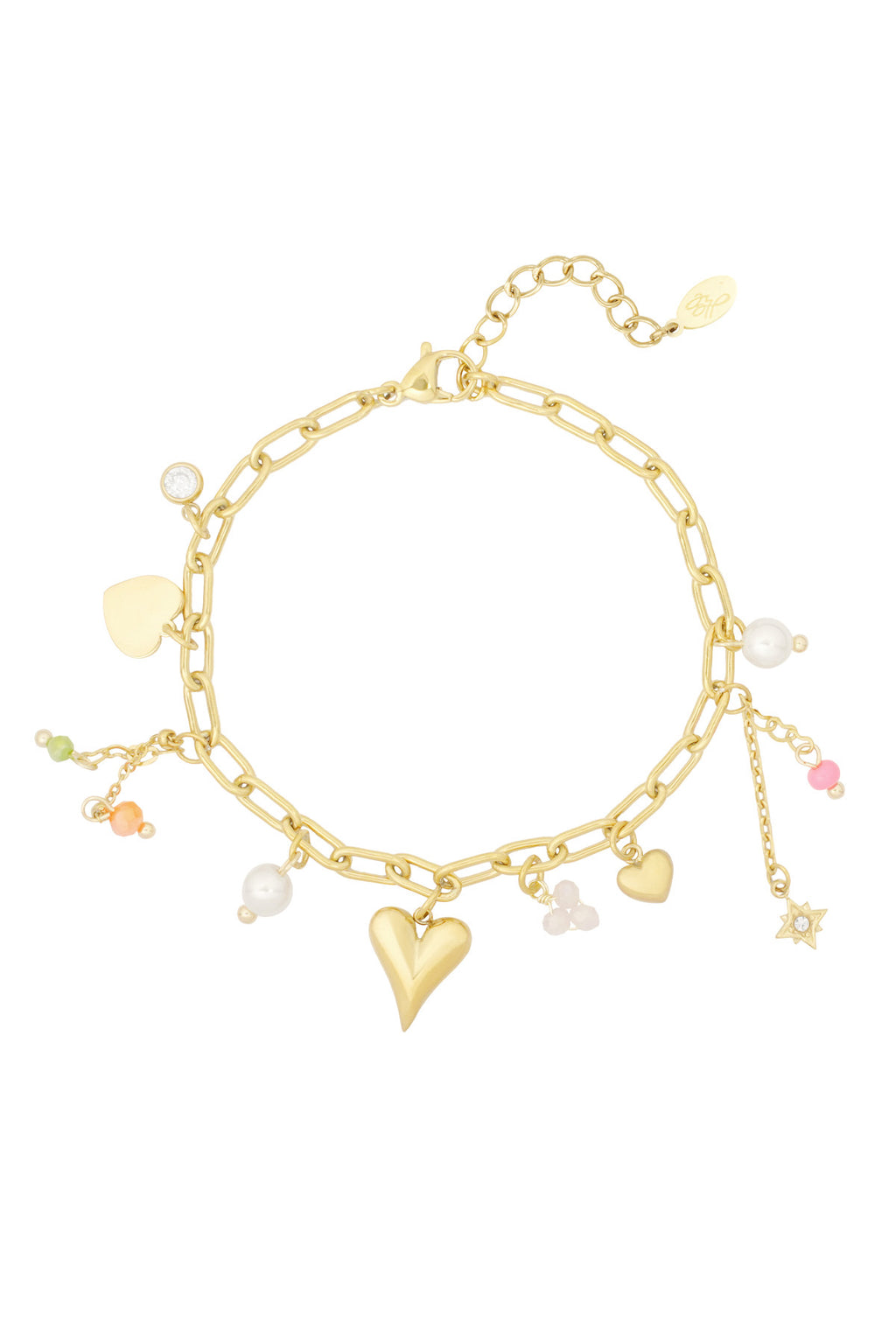Bedelarmband hartjes, kralen en parels in het goud