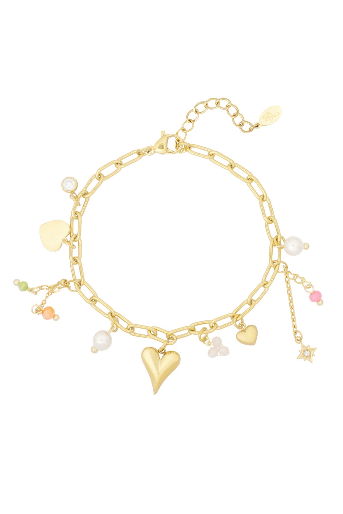 Bedelarmband hartjes, kralen en parels in het goud