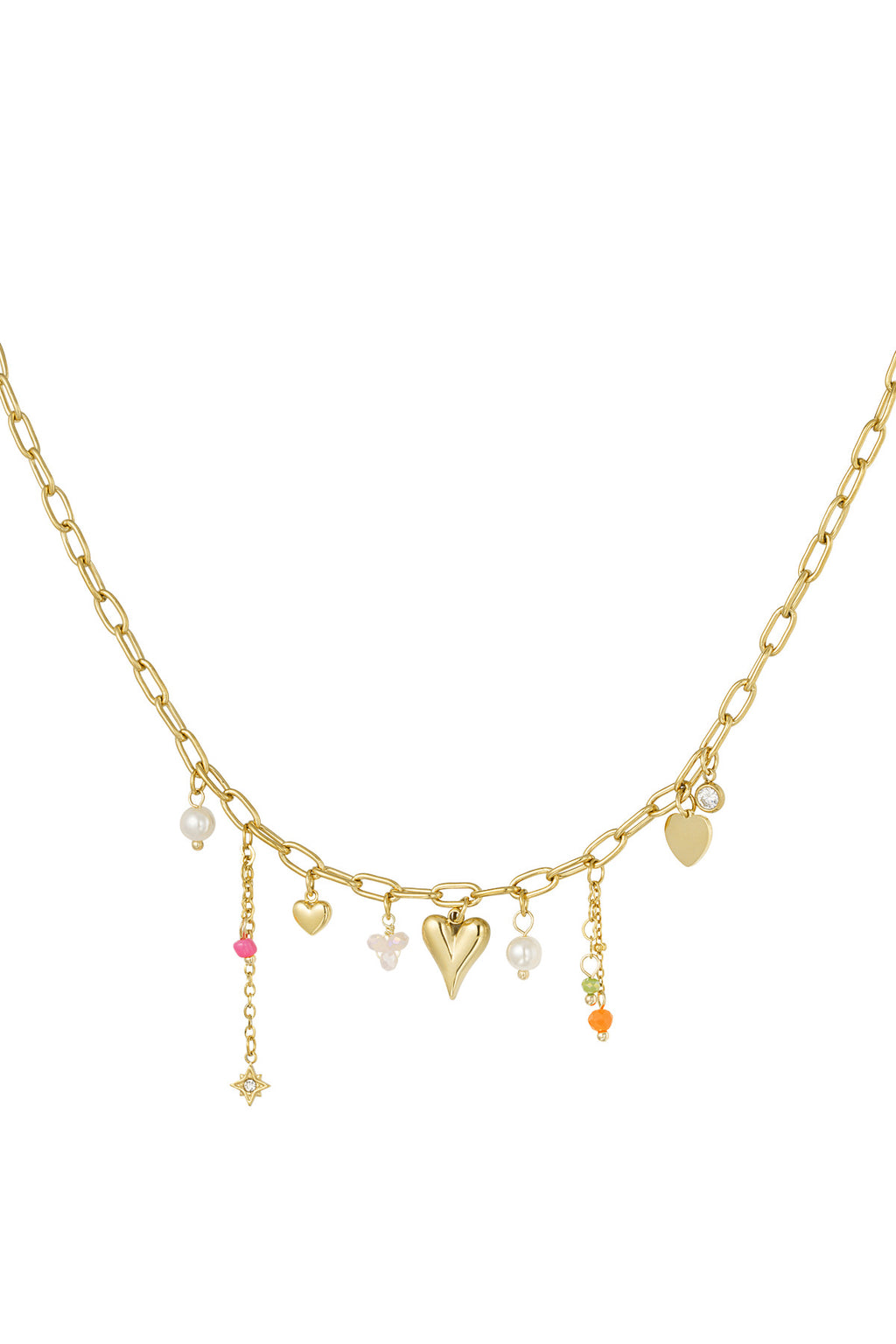 Bedelketting met hartjes en parels in het goud