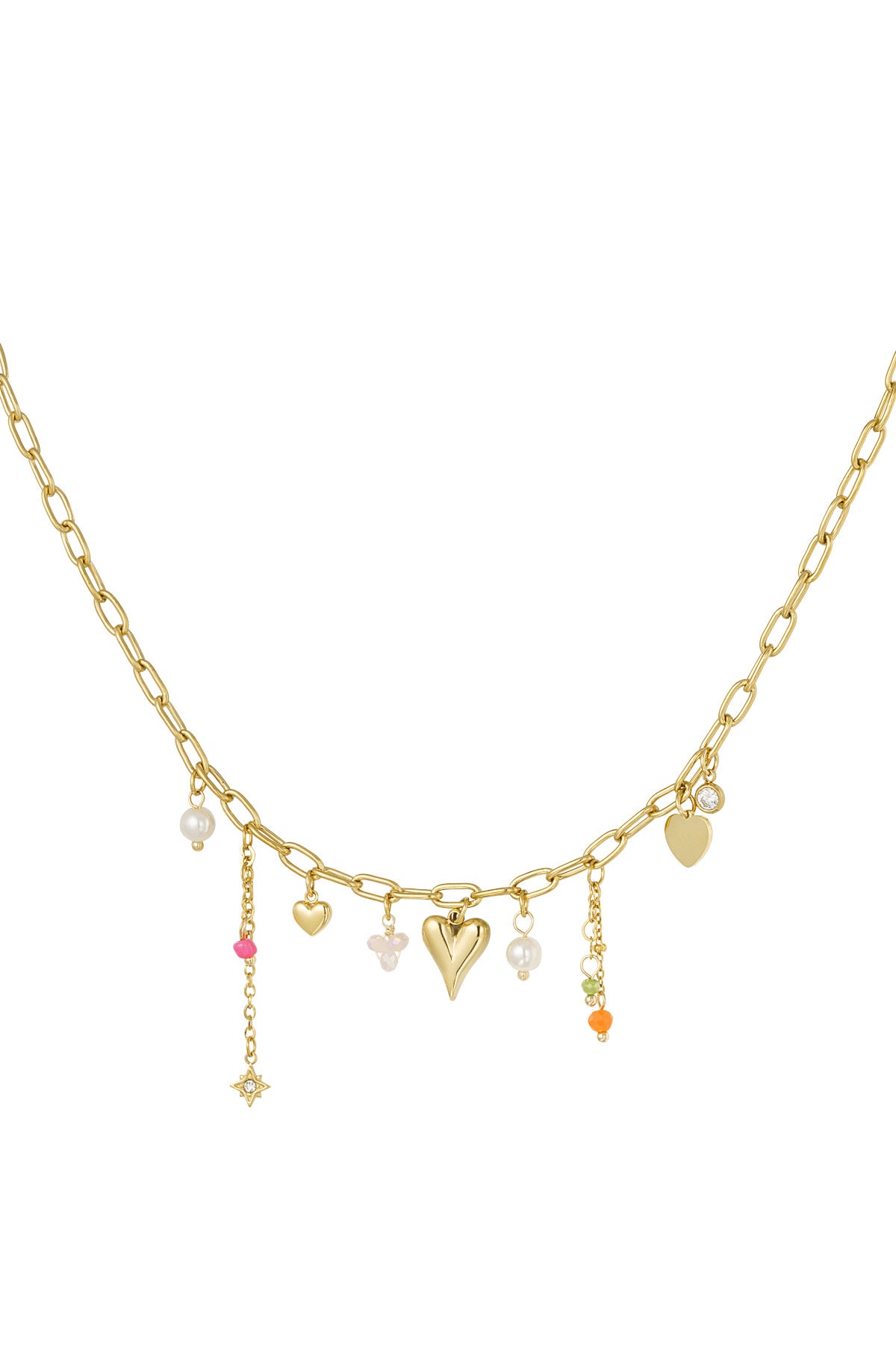 Bedelketting met hartjes en parels in het goud