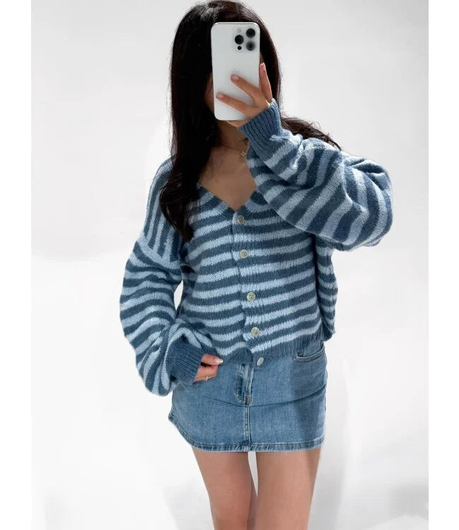 Cardigan vestje lange mouw met strepen in twee kleuren blauw