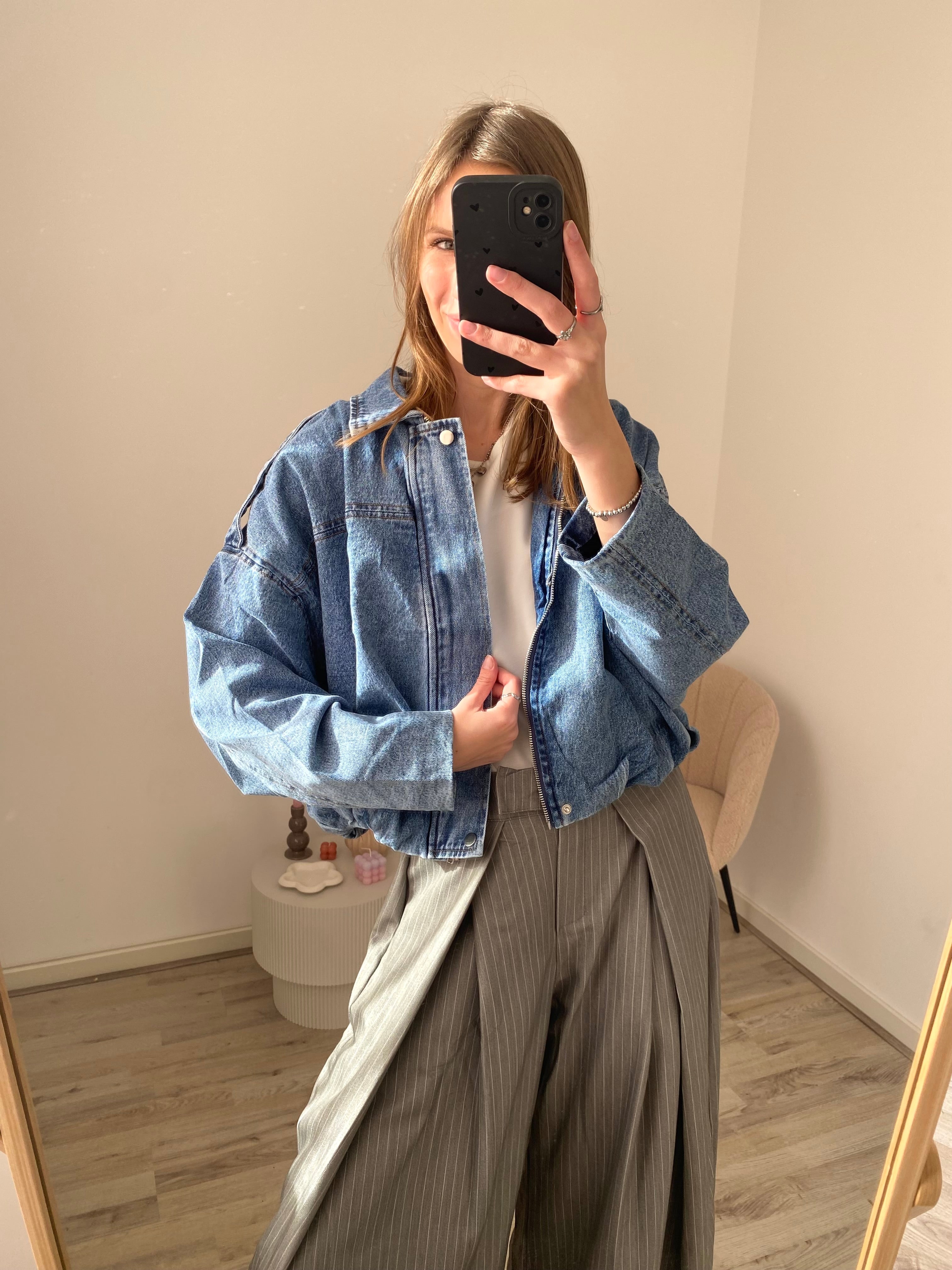 Oversized look denim bomber jasje in blauwe kleur