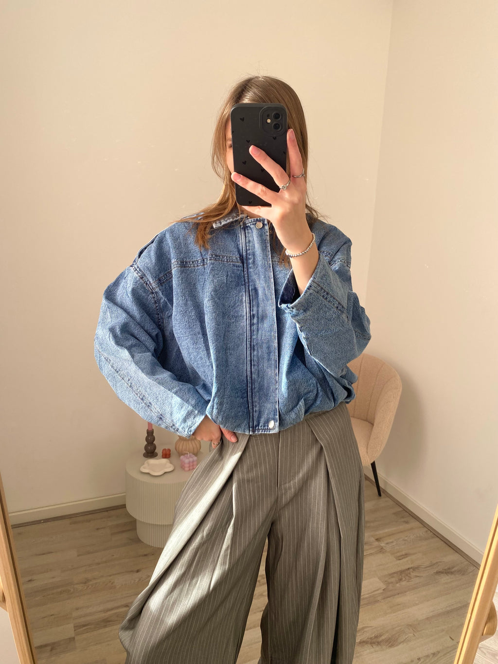 Oversized look denim bomber jasje in blauwe kleur