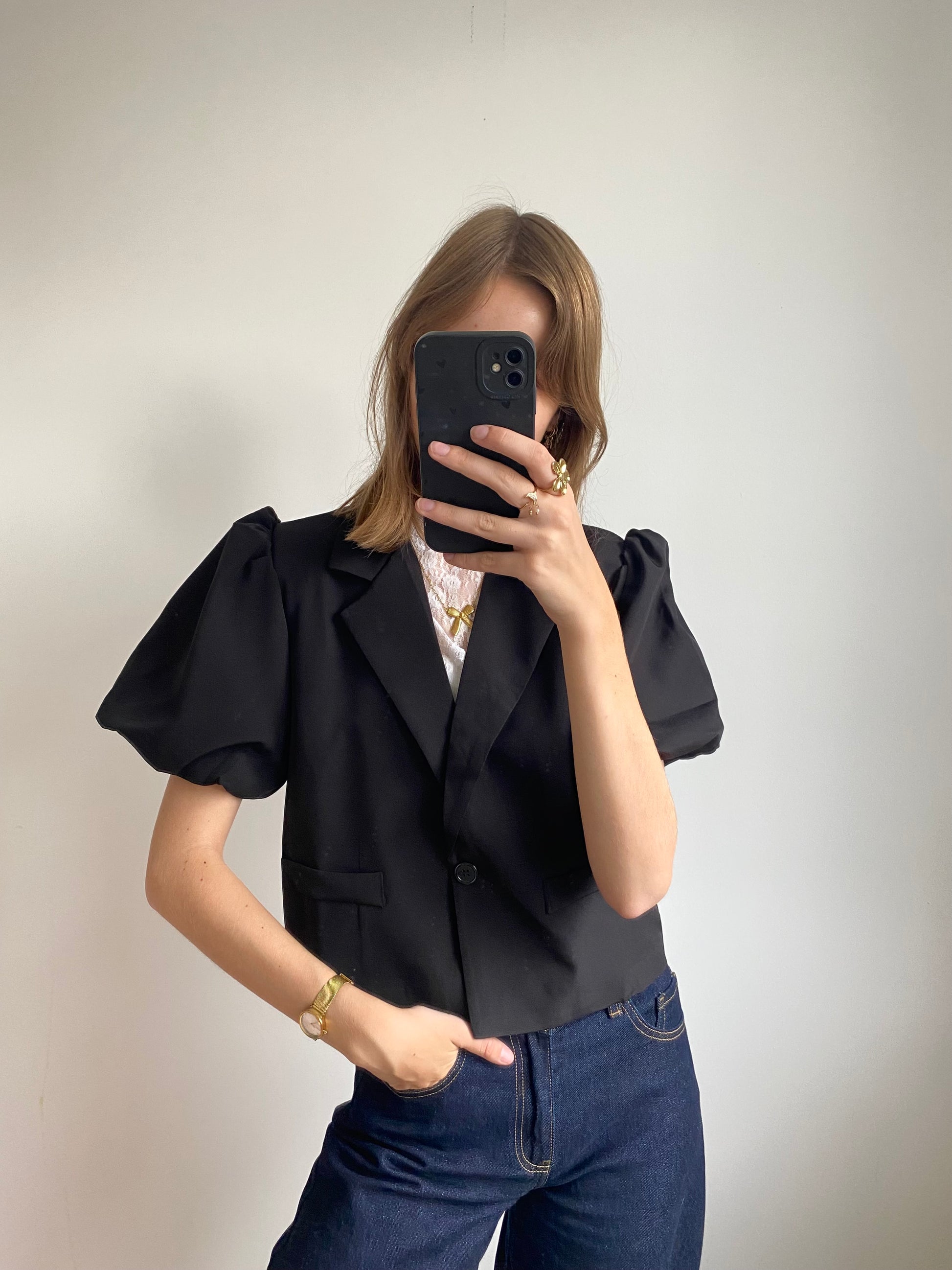 Blazer met korte pofmouw in het zwart