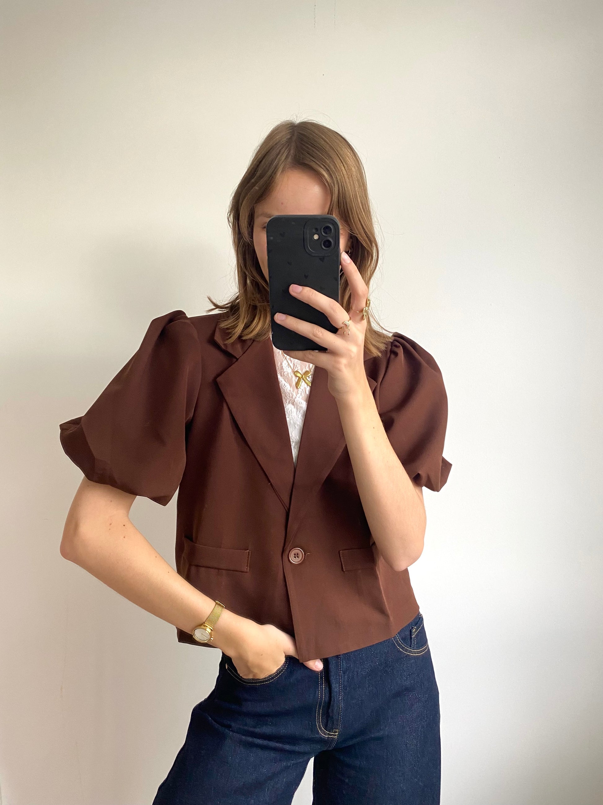 Blazer met korte pofmouw in bruine kleur