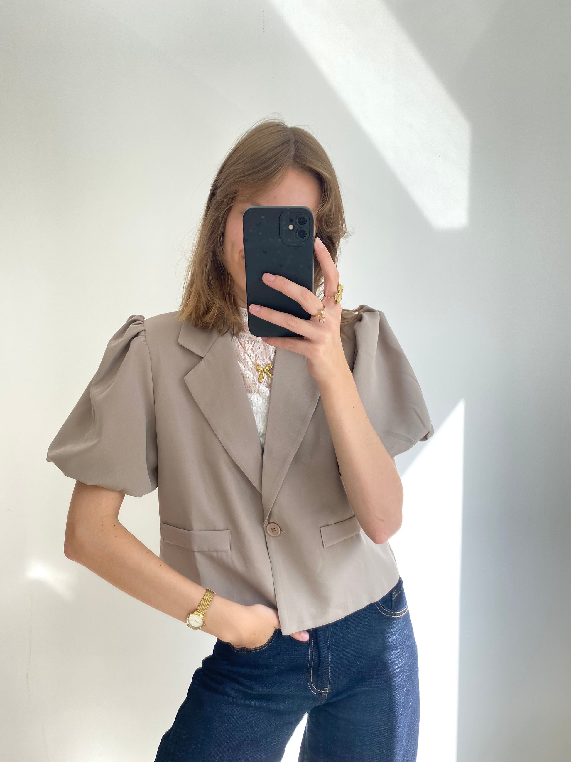 Blazer met korte pofmouw taupe