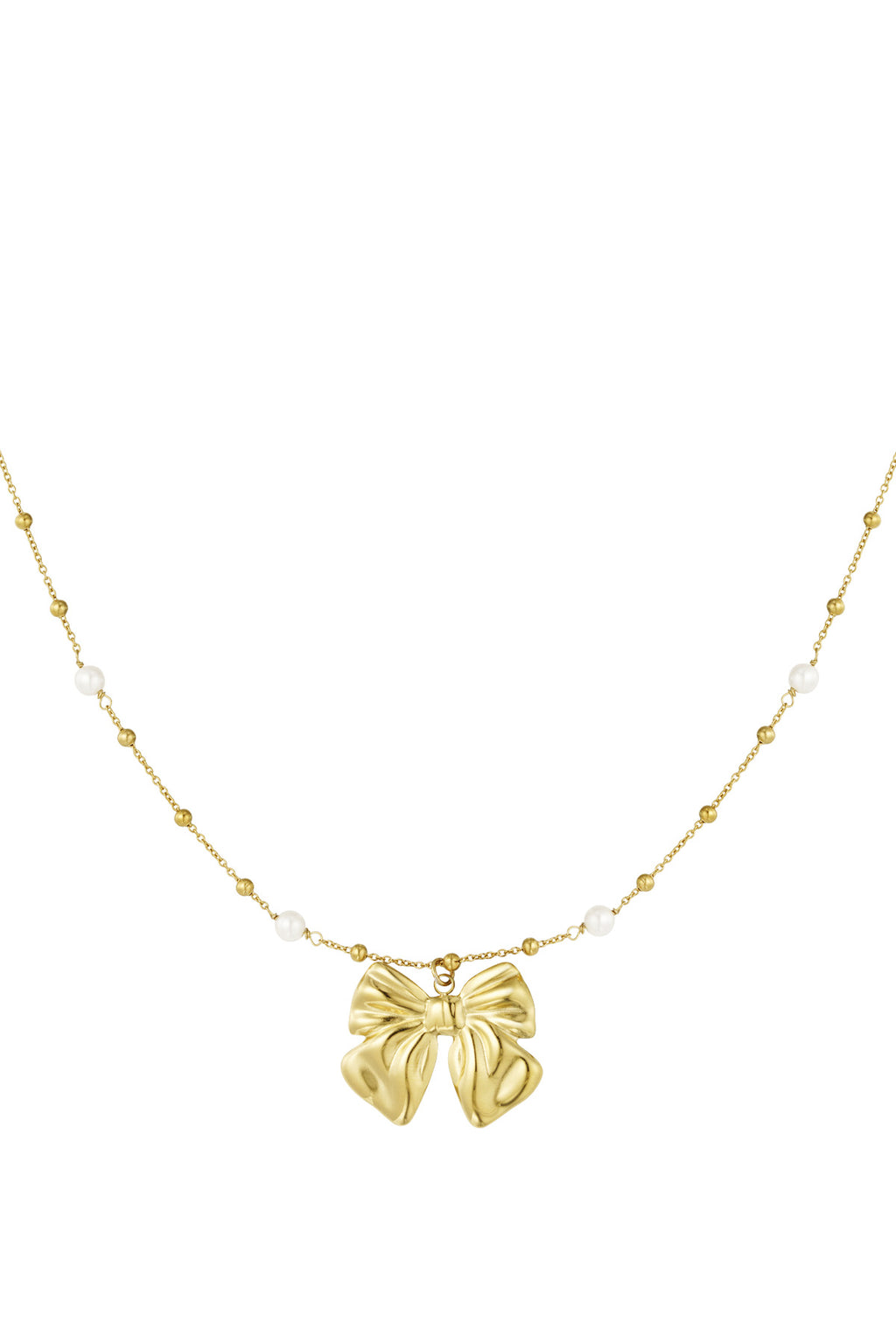 Ketting met parels en stipjes en een hanger van strik in het goud