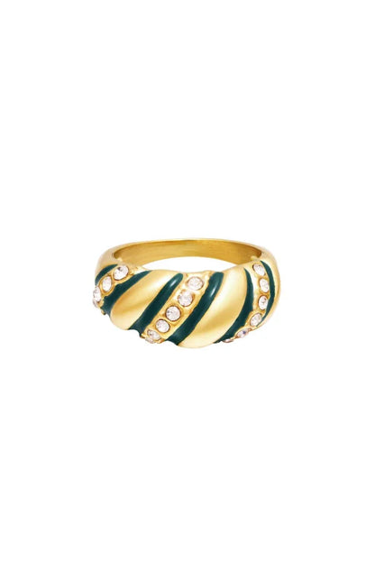 Statement ring met baguette vorm, glitter steentjes en groene kleur