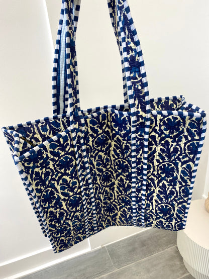 Shopper tas met rits in blauwe print